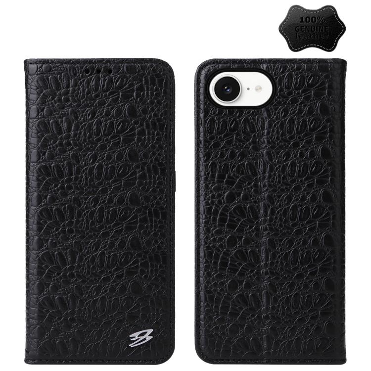 For iPhone 17e / 16e Fierre Shann Crocodile Texture Magnetic Genuine Leather Phone Case(Black)