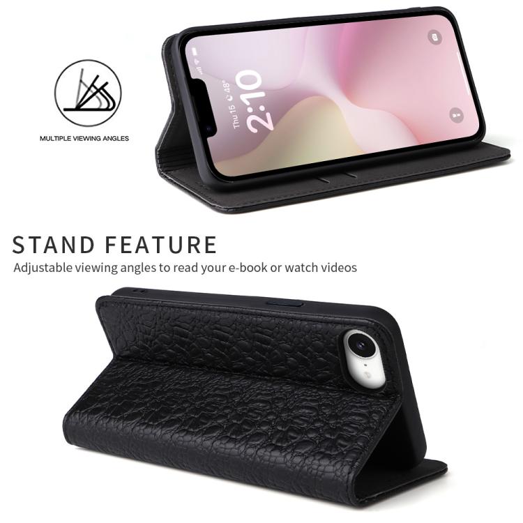 For iPhone 17e / 16e Fierre Shann Crocodile Texture Magnetic Genuine Leather Phone Case(Black)