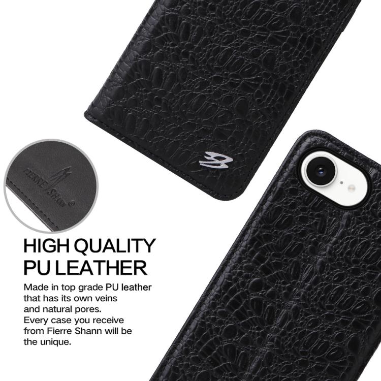 For iPhone 17e / 16e Fierre Shann Crocodile Texture Magnetic Genuine Leather Phone Case(Black)