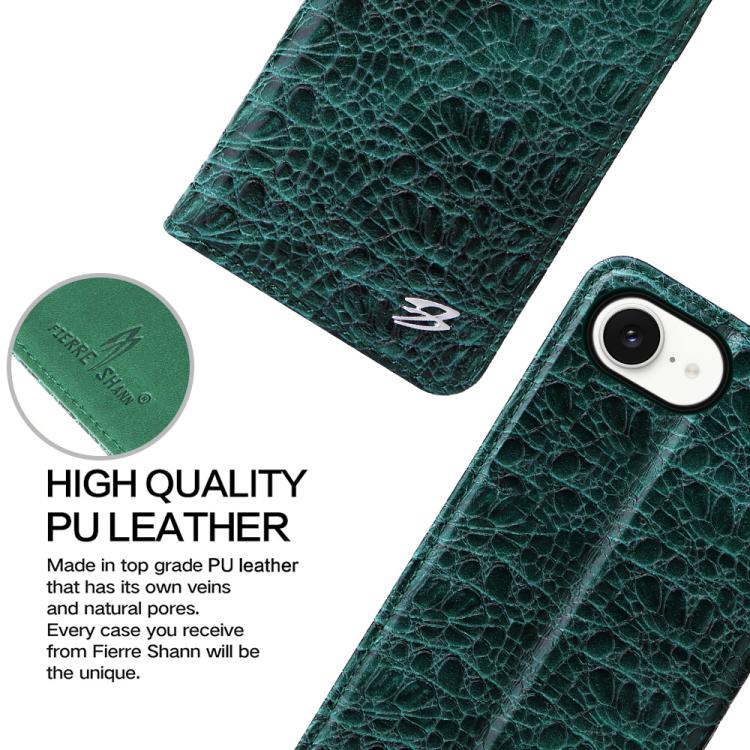 For iPhone 17e / 16e Fierre Shann Crocodile Texture Magnetic Genuine Leather Phone Case(Green)