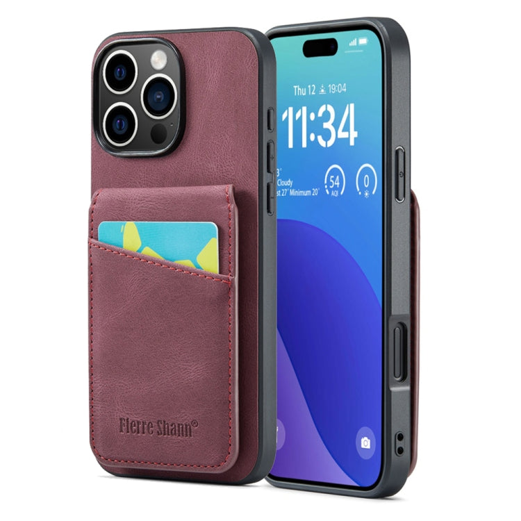 For iPhone 16 Pro Max Fierre Shann Crazy Horse Card Holder Back Cover PU Phone Case(Wine Red)