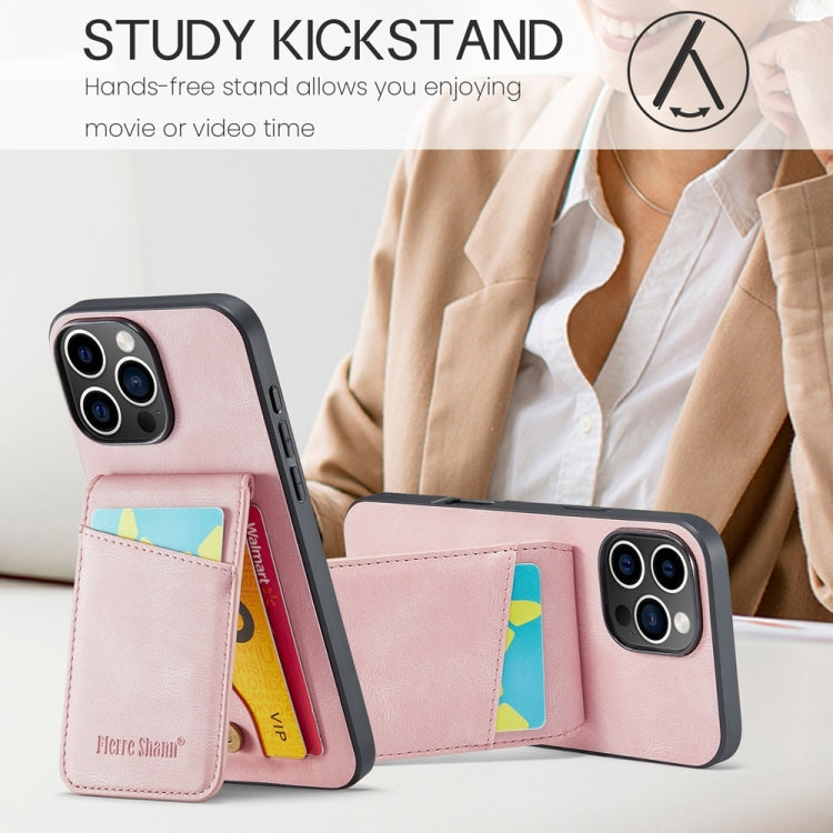 For iPhone 16 Pro Fierre Shann Crazy Horse Card Holder Back Cover PU Phone Case(Pink)