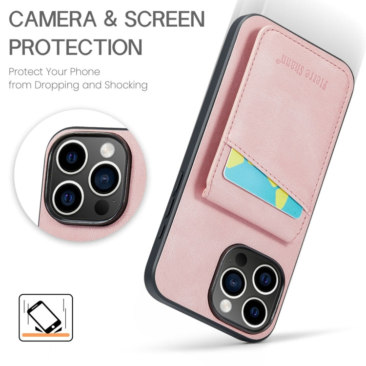 For iPhone 16 Pro Fierre Shann Crazy Horse Card Holder Back Cover PU Phone Case(Pink)
