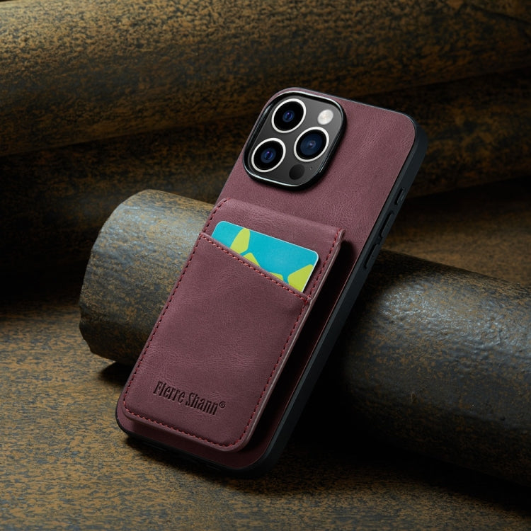 For iPhone 16 Pro Fierre Shann Crazy Horse Card Holder Back Cover PU Phone Case(Wine Red)