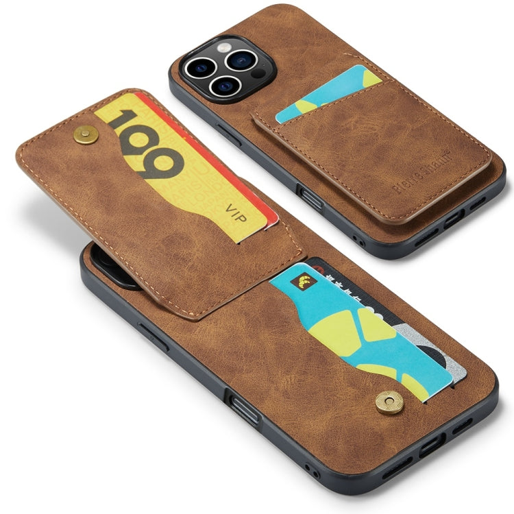 For iPhone 16 Pro Fierre Shann Crazy Horse Card Holder Back Cover PU Phone Case(Brown)