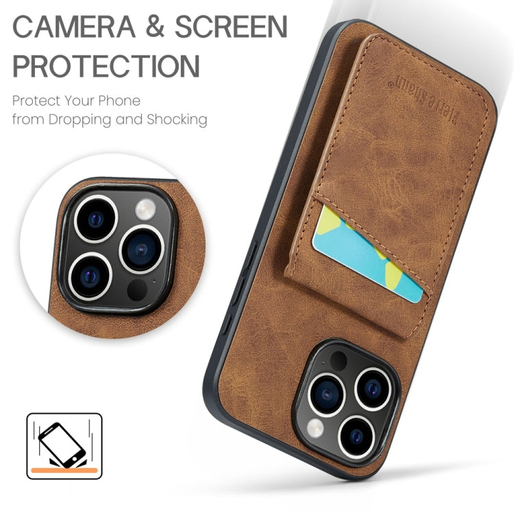 For iPhone 16 Pro Fierre Shann Crazy Horse Card Holder Back Cover PU Phone Case(Brown)