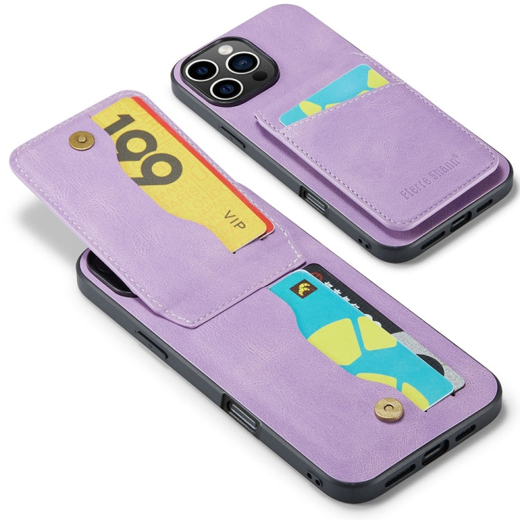 For iPhone 16 Pro Fierre Shann Crazy Horse Card Holder Back Cover PU Phone Case(Purple)