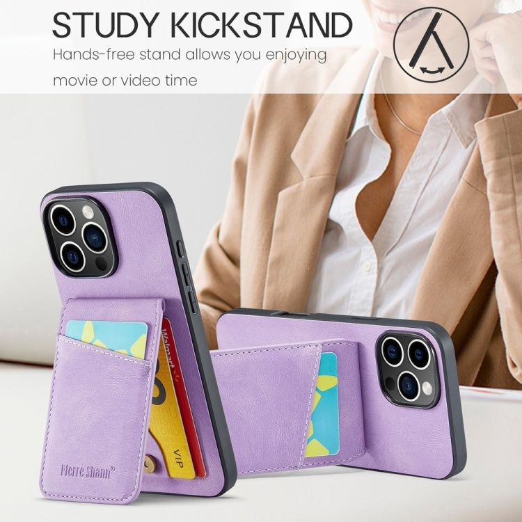 For iPhone 16 Pro Fierre Shann Crazy Horse Card Holder Back Cover PU Phone Case(Purple)