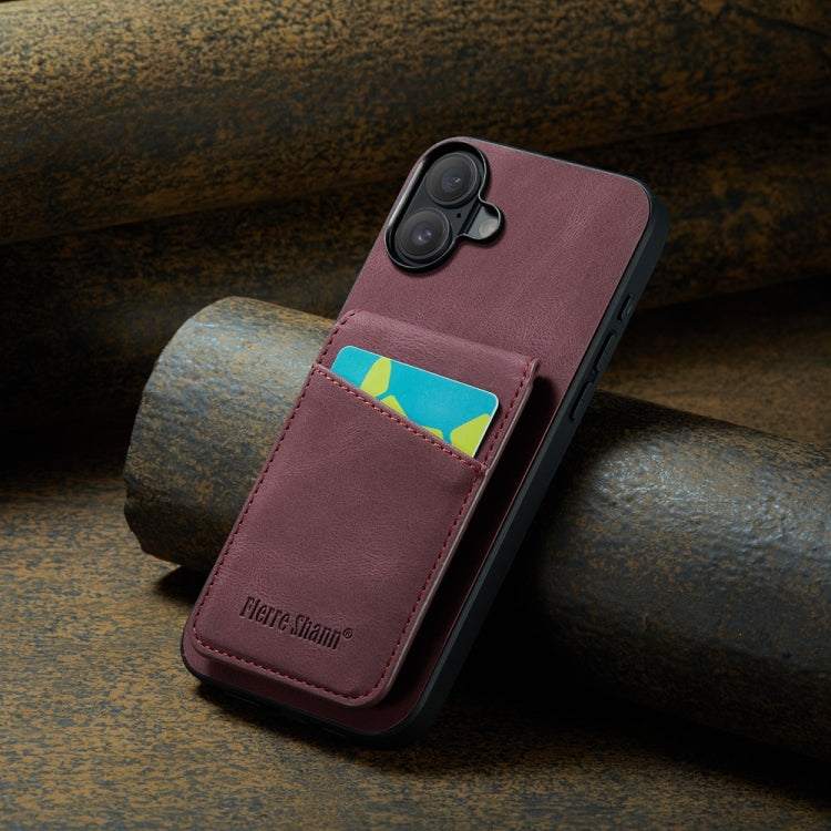 For iPhone 16 Plus Fierre Shann Crazy Horse Card Holder Back Cover PU Phone Case(Wine Red)