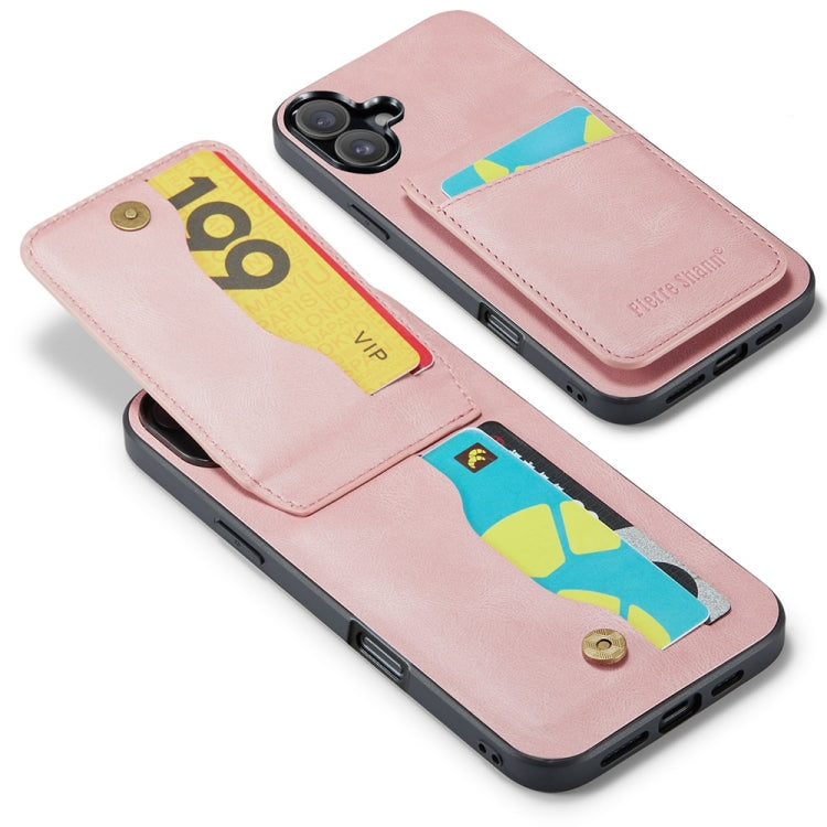 For iPhone 16 Fierre Shann Crazy Horse Card Holder Back Cover PU Phone Case(Pink)