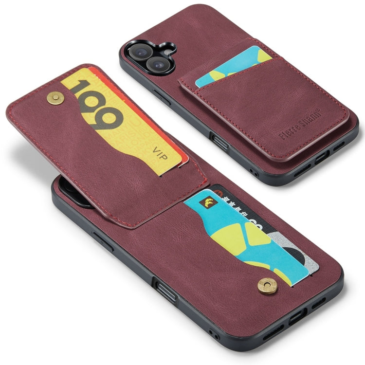 For iPhone 16 Fierre Shann Crazy Horse Card Holder Back Cover PU Phone Case(Wine Red)