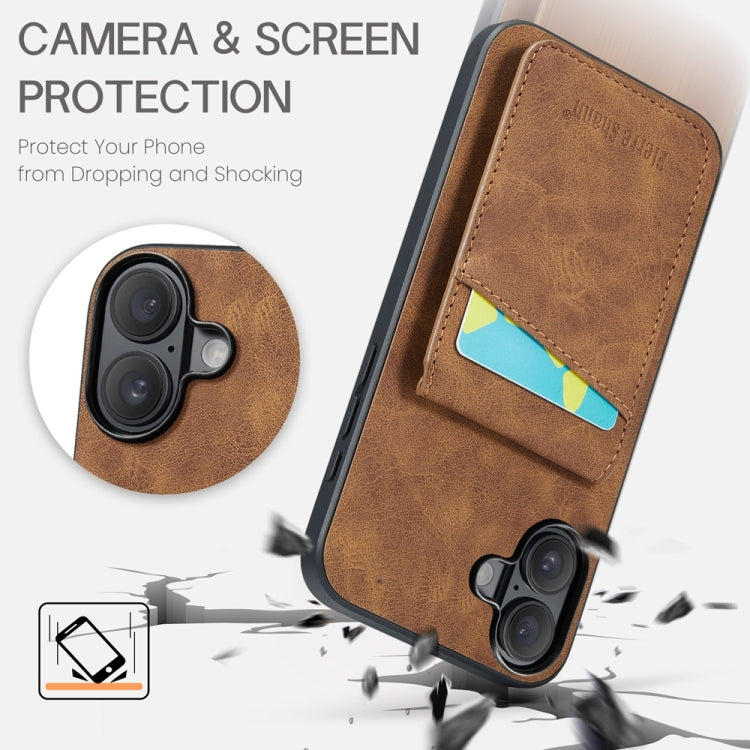 For iPhone 16 Fierre Shann Crazy Horse Card Holder Back Cover PU Phone Case(Brown)