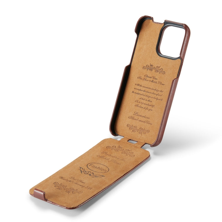 For iPhone 15 Pro Max Fierre Shann Oil Wax Texture Vertical Flip PU Phone Case(Brown)