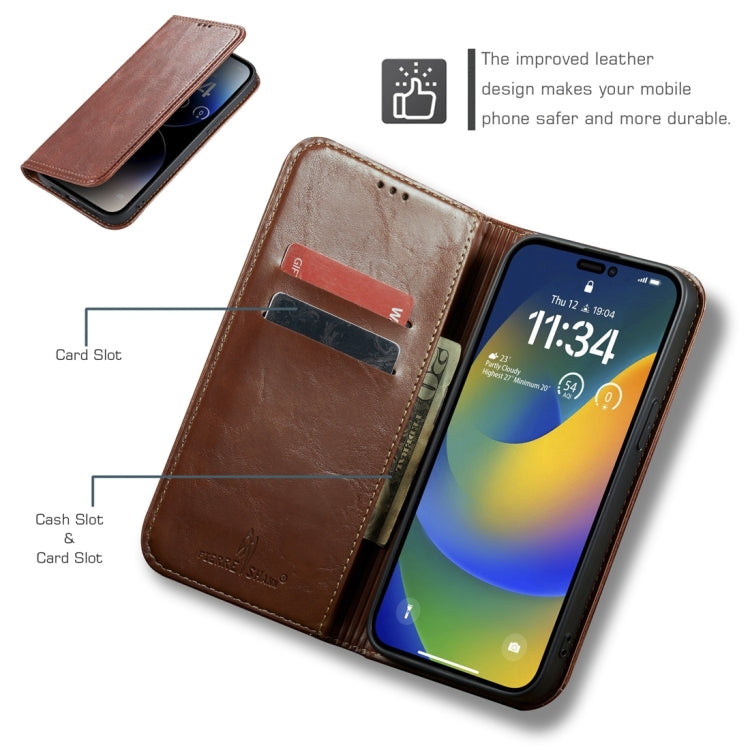 For iPhone 15 Fierre Shann Vintage Bark Texture Wallet Leather Phone Case(Brown)