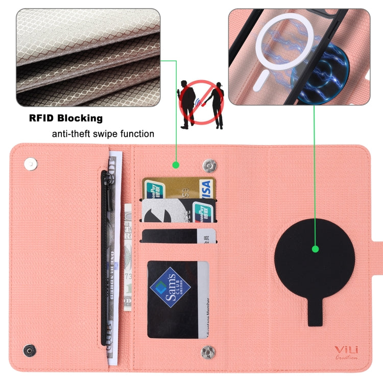 For iPhone 13 Pro ViLi GHB Series MagSafe Magnetic Zipper Leather Phone Case(Pink)