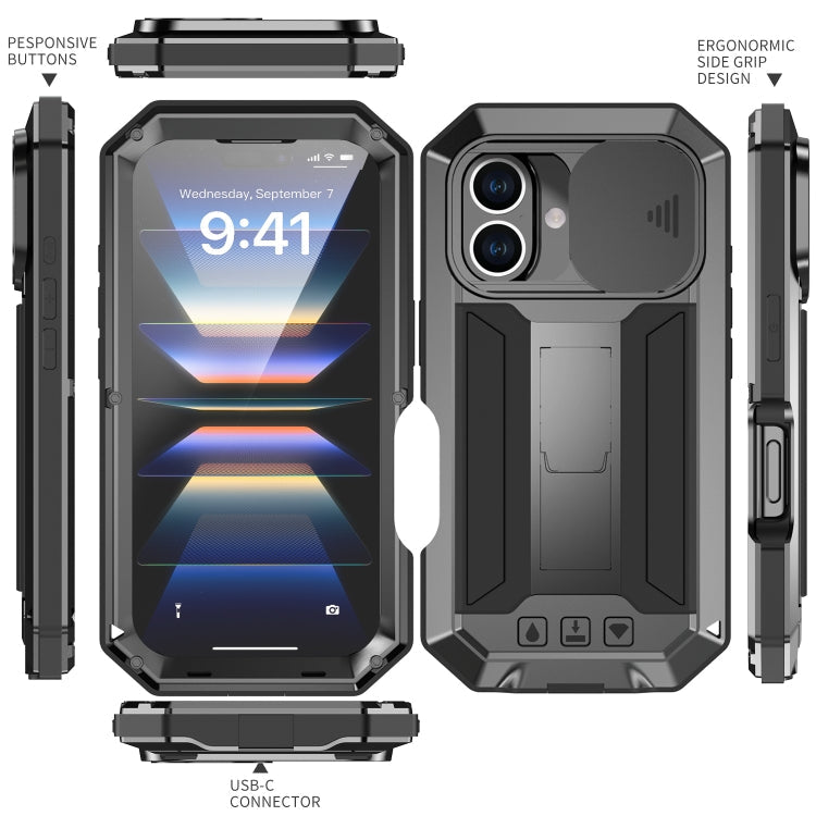 For iPhone 16 R-JUST Sliding Camera IP54 Life Waterproof Holder Phone Case(Black)