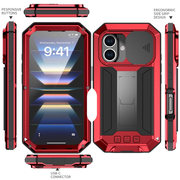 For iPhone 16 Plus R-JUST Sliding Camera IP54 Life Waterproof Holder Phone Case(Red)
