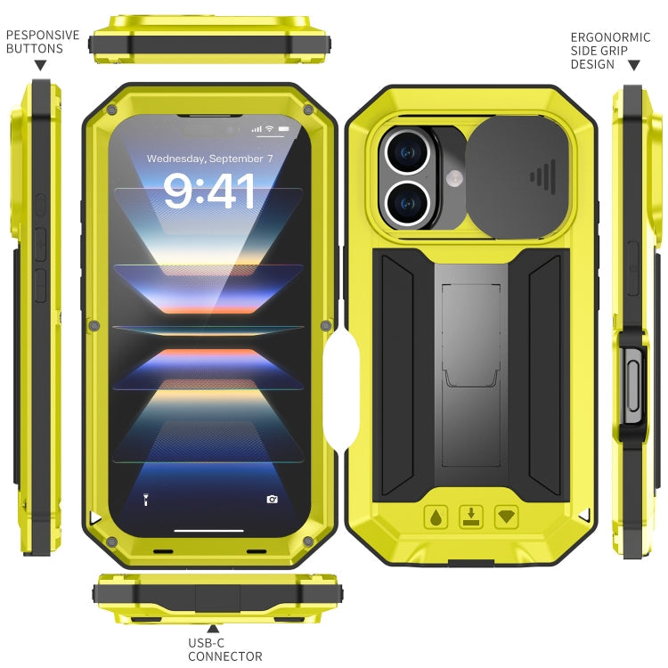 For iPhone 16 Plus R-JUST Sliding Camera IP54 Life Waterproof Holder Phone Case(Yellow)