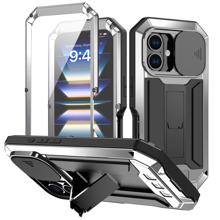 For iPhone 16 Plus R-JUST Sliding Camera IP54 Life Waterproof Holder Phone Case(Silver)