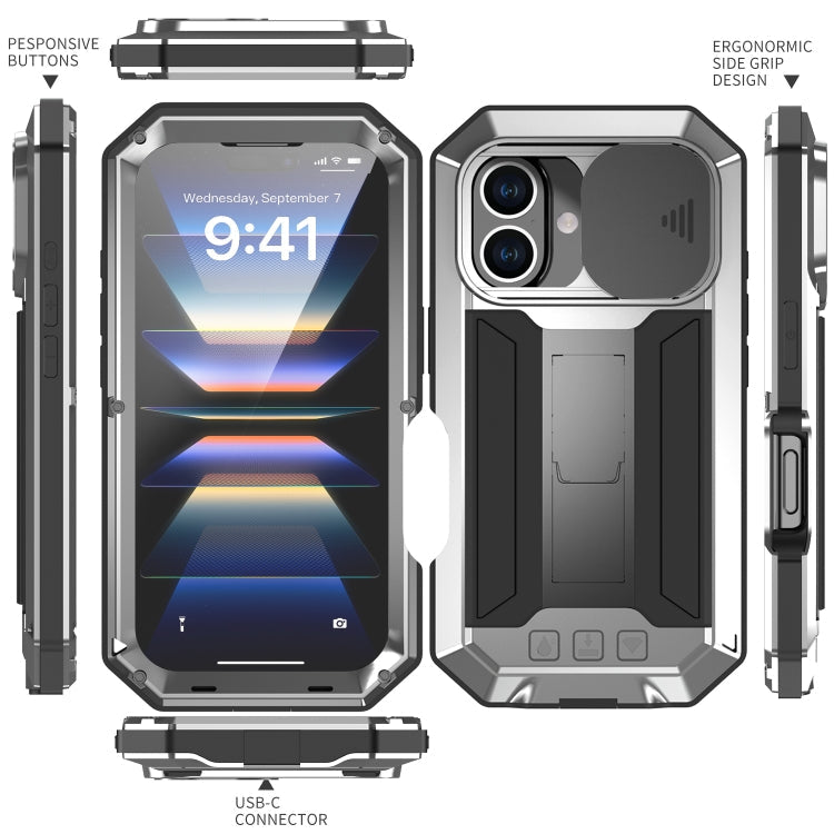 For iPhone 16 Plus R-JUST Sliding Camera IP54 Life Waterproof Holder Phone Case(Silver)