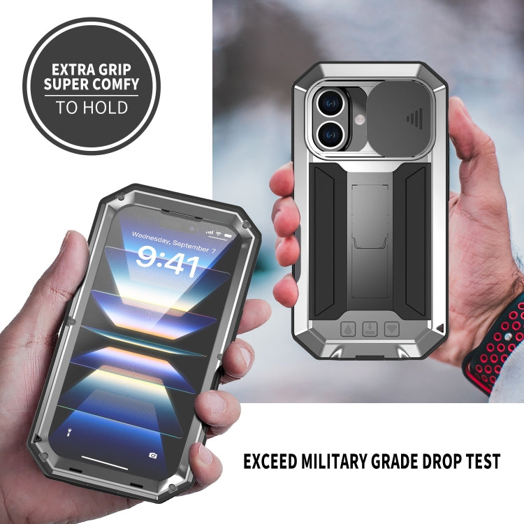 For iPhone 16 Plus R-JUST Sliding Camera IP54 Life Waterproof Holder Phone Case(Silver)