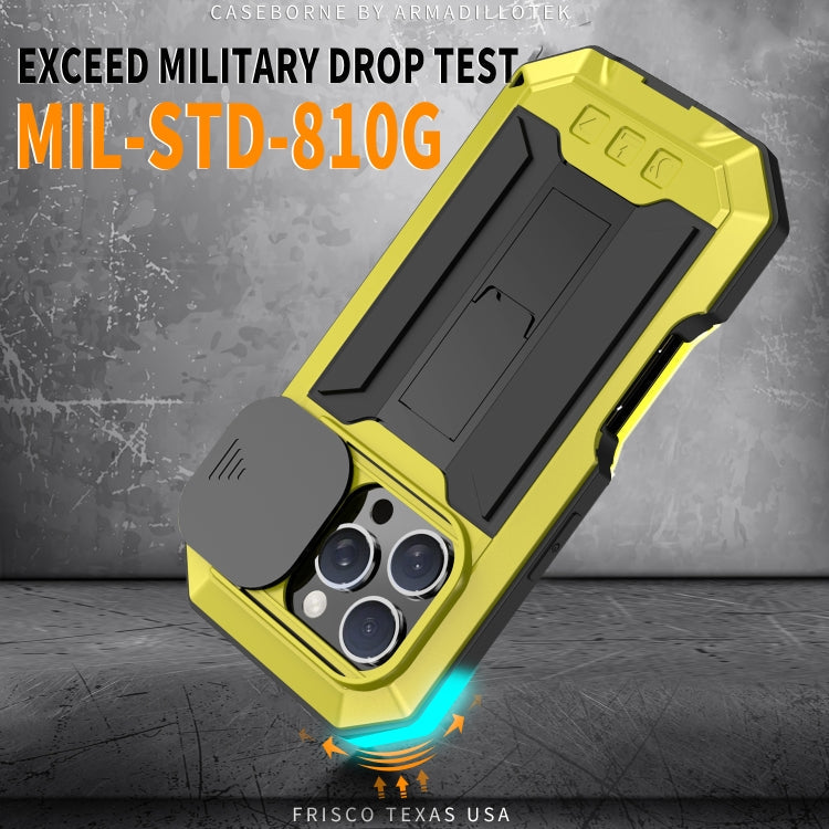 For iPhone 16 Pro R-JUST Sliding Camera IP54 Life Waterproof Holder Phone Case(Yellow)