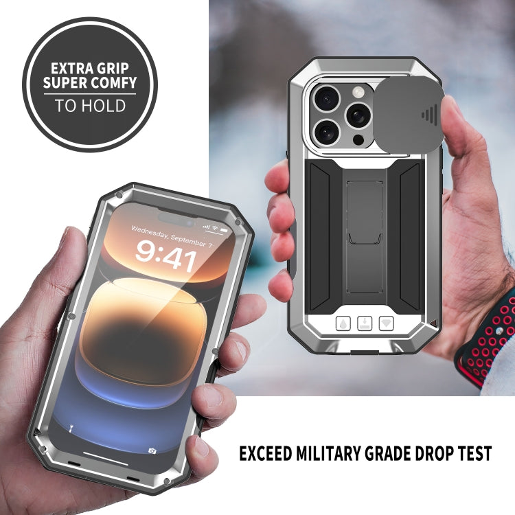 For iPhone 16 Pro R-JUST Sliding Camera IP54 Life Waterproof Holder Phone Case(Silver)