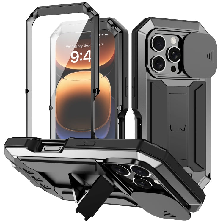 For iPhone 16 Pro Max R-JUST Sliding Camera IP54 Life Waterproof Holder Phone Case(Black)