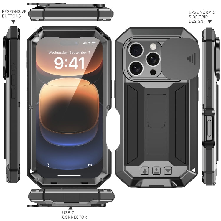 For iPhone 16 Pro Max R-JUST Sliding Camera IP54 Life Waterproof Holder Phone Case(Black)