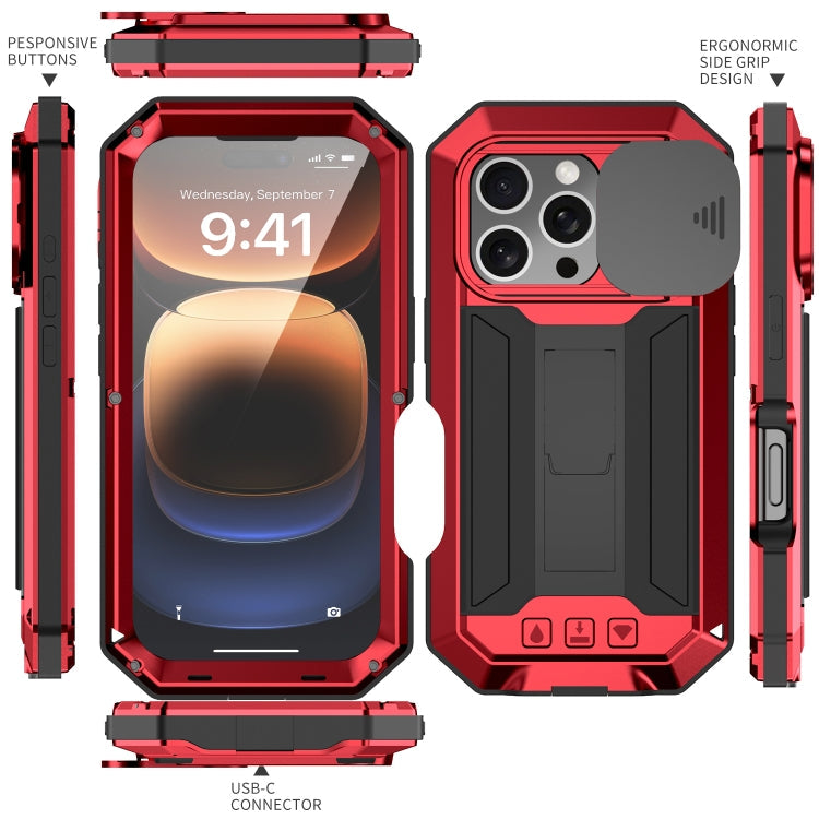 For iPhone 16 Pro Max R-JUST Sliding Camera IP54 Life Waterproof Holder Phone Case(Red)