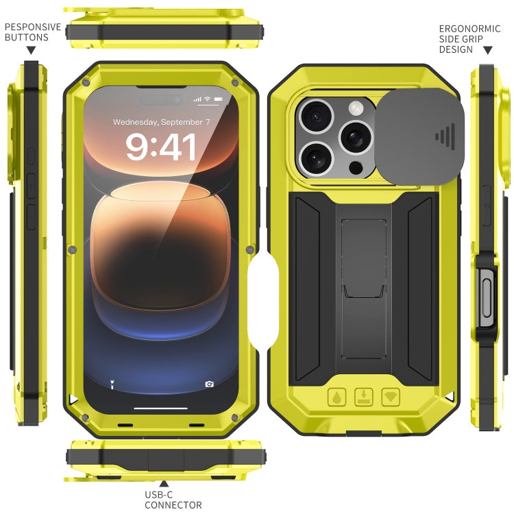 For iPhone 16 Pro Max R-JUST Sliding Camera IP54 Life Waterproof Holder Phone Case(Yellow)