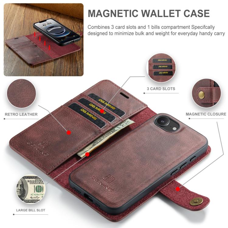 For iPhone 17e / 16e DG.MING Crazy Horse Texture Detachable Magnetic Leather Phone Case(Red)