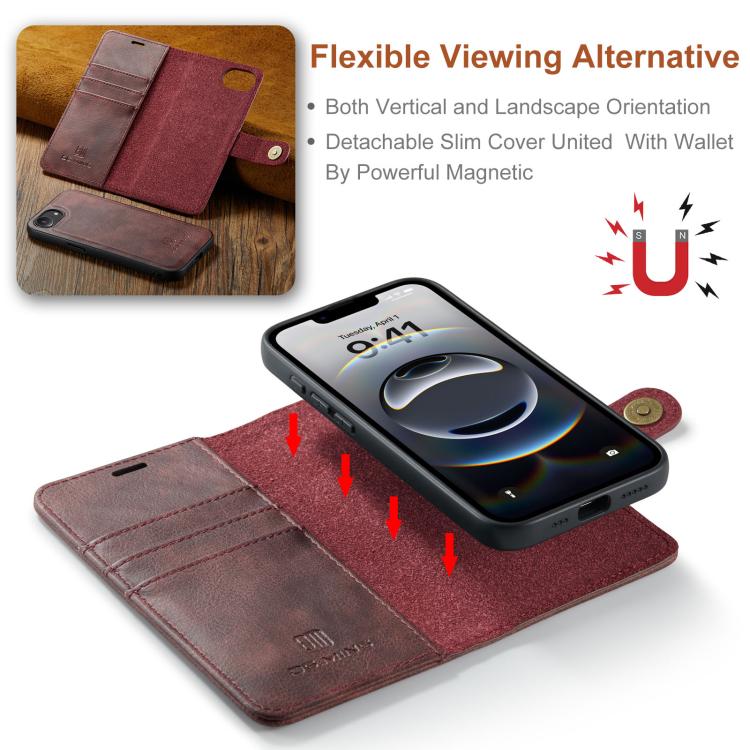 For iPhone 17e / 16e DG.MING Crazy Horse Texture Detachable Magnetic Leather Phone Case(Red)