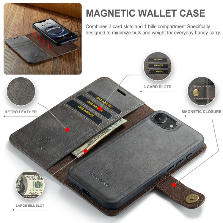 For iPhone 17e / 16e DG.MING Crazy Horse Texture Detachable Magnetic Leather Phone Case(Grey)
