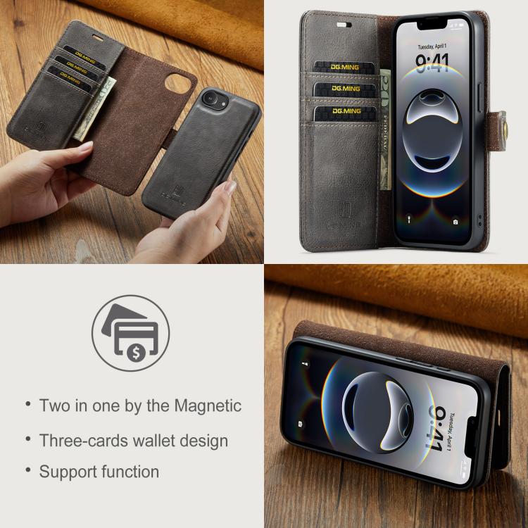For iPhone 17e / 16e DG.MING Crazy Horse Texture Detachable Magnetic Leather Phone Case(Grey)