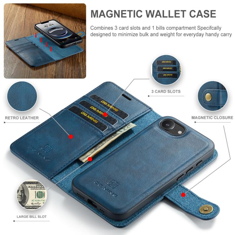 For iPhone 17e / 16e DG.MING Crazy Horse Texture Detachable Magnetic Leather Phone Case(Blue)