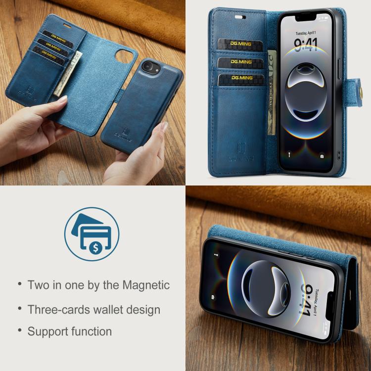 For iPhone 17e / 16e DG.MING Crazy Horse Texture Detachable Magnetic Leather Phone Case(Blue)