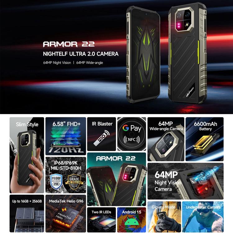 [HK Warehouse] Ulefone Armor 22, 8GB+128GB, IP68/IP69K Rugged Phone, 6.58 inch Android 15 MediaTek Helio G96 Octa Core, Network: 4G, NFC, OTG(All Black)