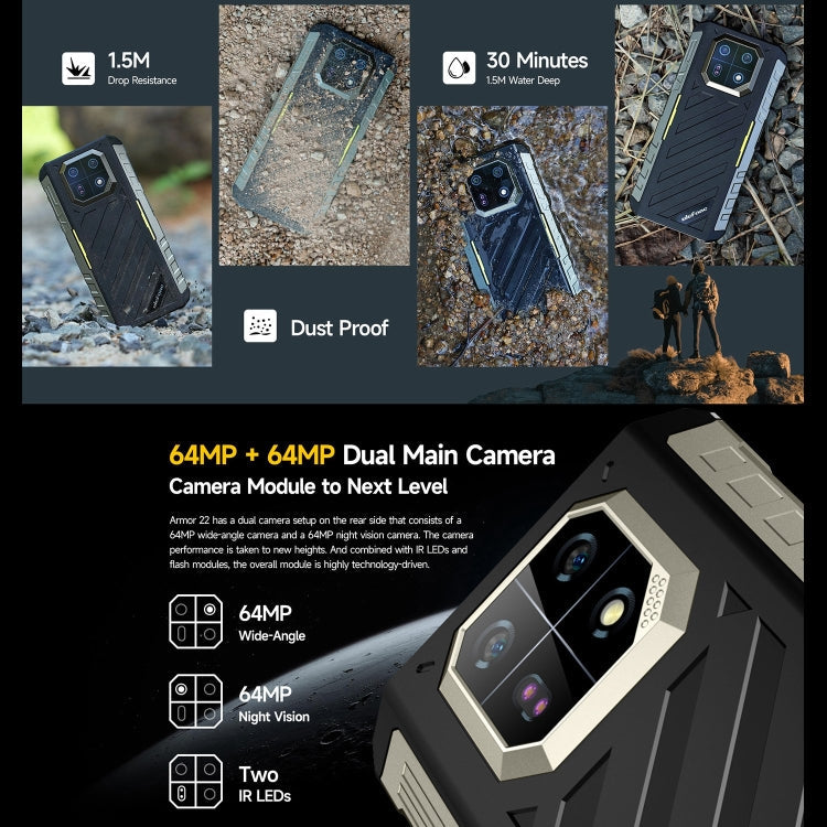 [HK Warehouse] Ulefone Armor 22, 8GB+256GB, IP68/IP69K Rugged Phone, 6.58 inch Android 15 MediaTek Helio G96 Octa Core, Network: 4G, NFC, OTG(All Black)