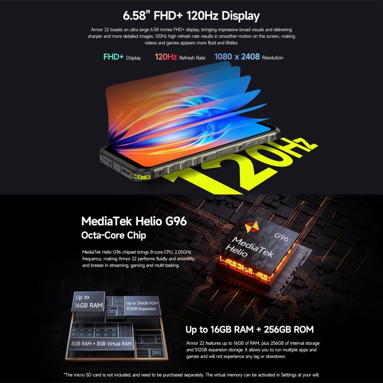 [HK Warehouse] Ulefone Armor 22, 8GB+256GB, IP68/IP69K Rugged Phone, 6.58 inch Android 15 MediaTek Helio G96 Octa Core, Network: 4G, NFC, OTG(All Black)