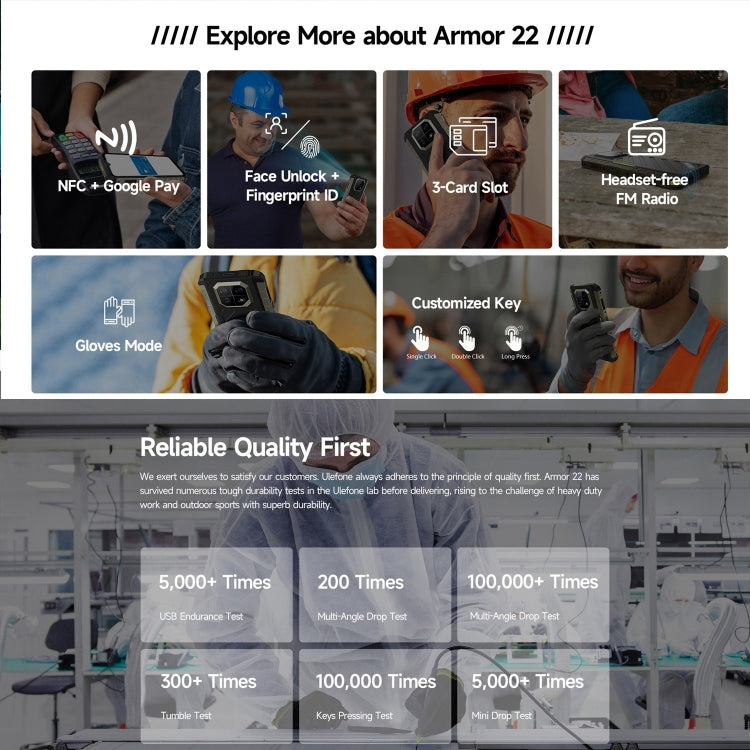 [HK Warehouse] Ulefone Armor 22, 8GB+256GB, IP68/IP69K Rugged Phone, 6.58 inch Android 15 MediaTek Helio G96 Octa Core, Network: 4G, NFC, OTG(All Black)