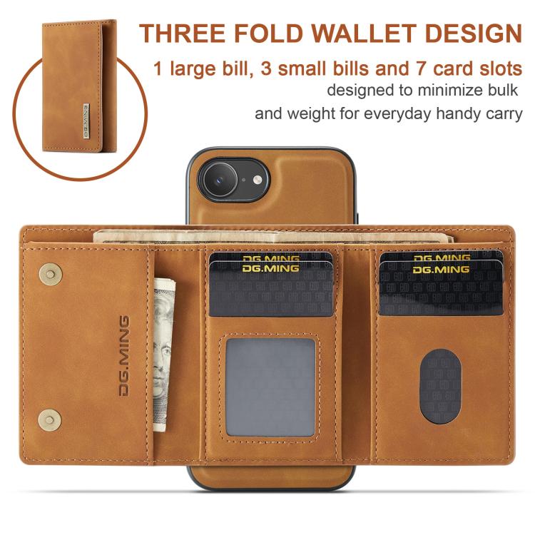 For iPhone 17e / 16e DG.MING M1 Series 3-Fold Multi Card Wallet Leather Phone Case(Brown)