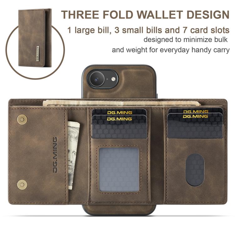 For iPhone 17e / 16e DG.MING M1 Series 3-Fold Multi Card Wallet Leather Phone Case(Coffee)