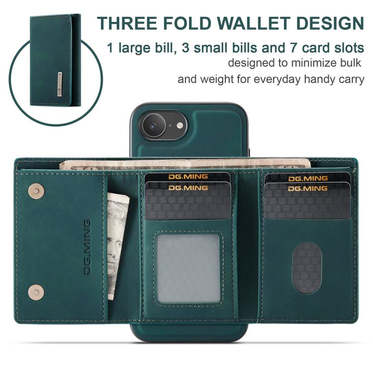 For iPhone 17e / 16e DG.MING M1 Series 3-Fold Multi Card Wallet Leather Phone Case(Green)