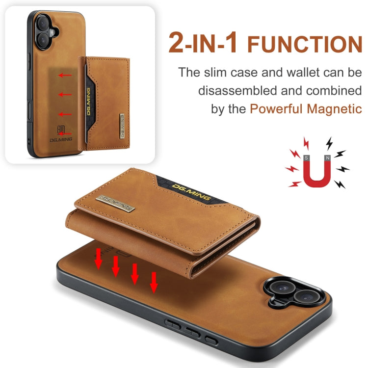 For iPhone 16 DG.MING M2 Series 3-Fold Card Bag Wallet Leather Phone Case(Brown)