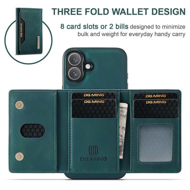 For iPhone 16 DG.MING M2 Series 3-Fold Card Bag Wallet Leather Phone Case(Green)