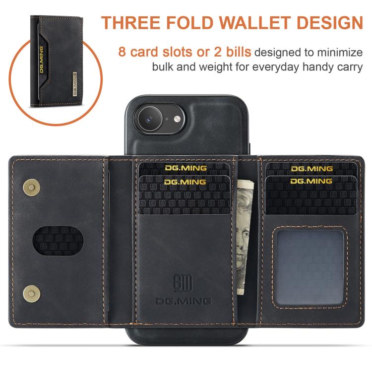 For iPhone 17e / 16e DG.MING M2 Series 3-Fold Card Bag Wallet Leather Phone Case(Black)