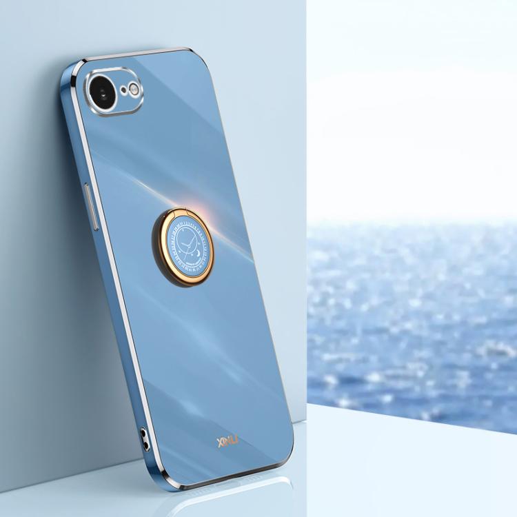For iPhone 16e / 17e XINLI Straight Edge 6D Electroplate TPU Phone Case with Ring Holder(Celestial Blue)