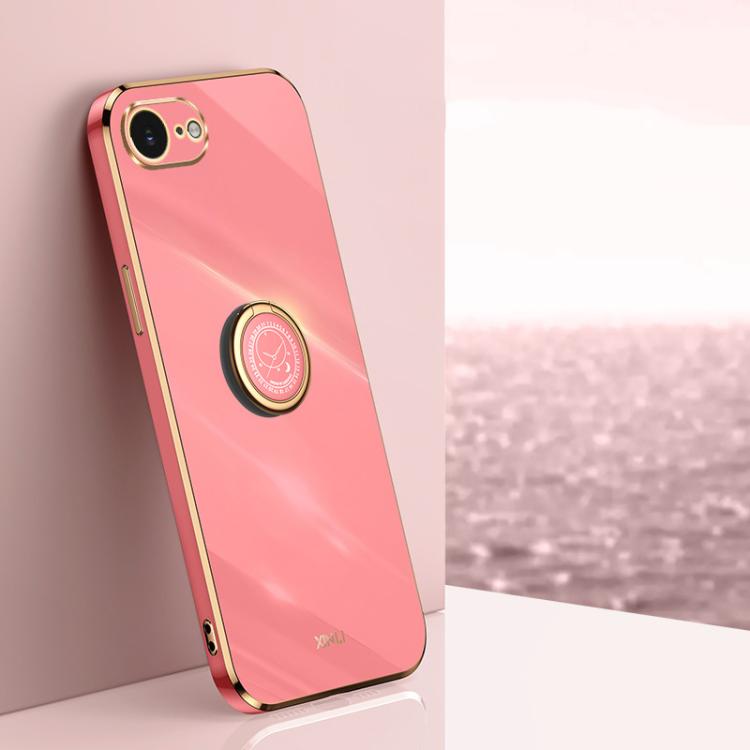For iPhone 16e / 17e XINLI Straight Edge 6D Electroplate TPU Phone Case with Ring Holder(Hawthorn Red)