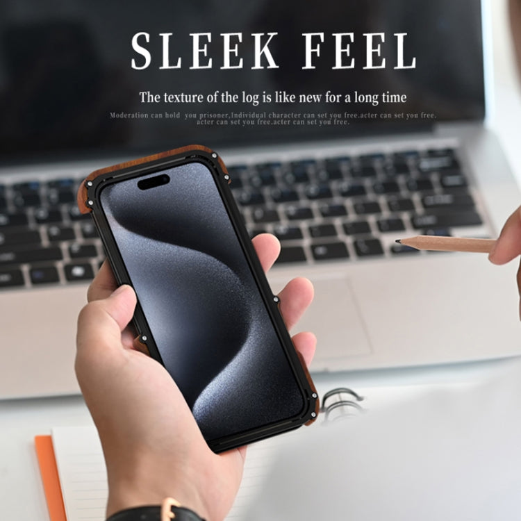 For iPhone 16 R-JUST Ironwood Generation Metal Hybrid Wood Phone Case